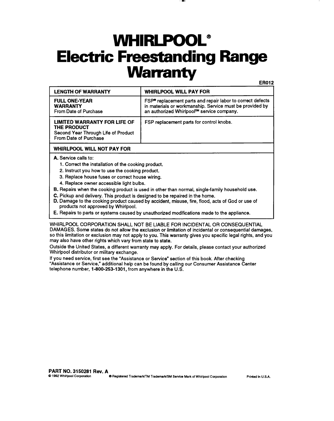 Whirlpool RF385PXY manual WW?LPOOL Electric Freestanding Range, Warrantv 