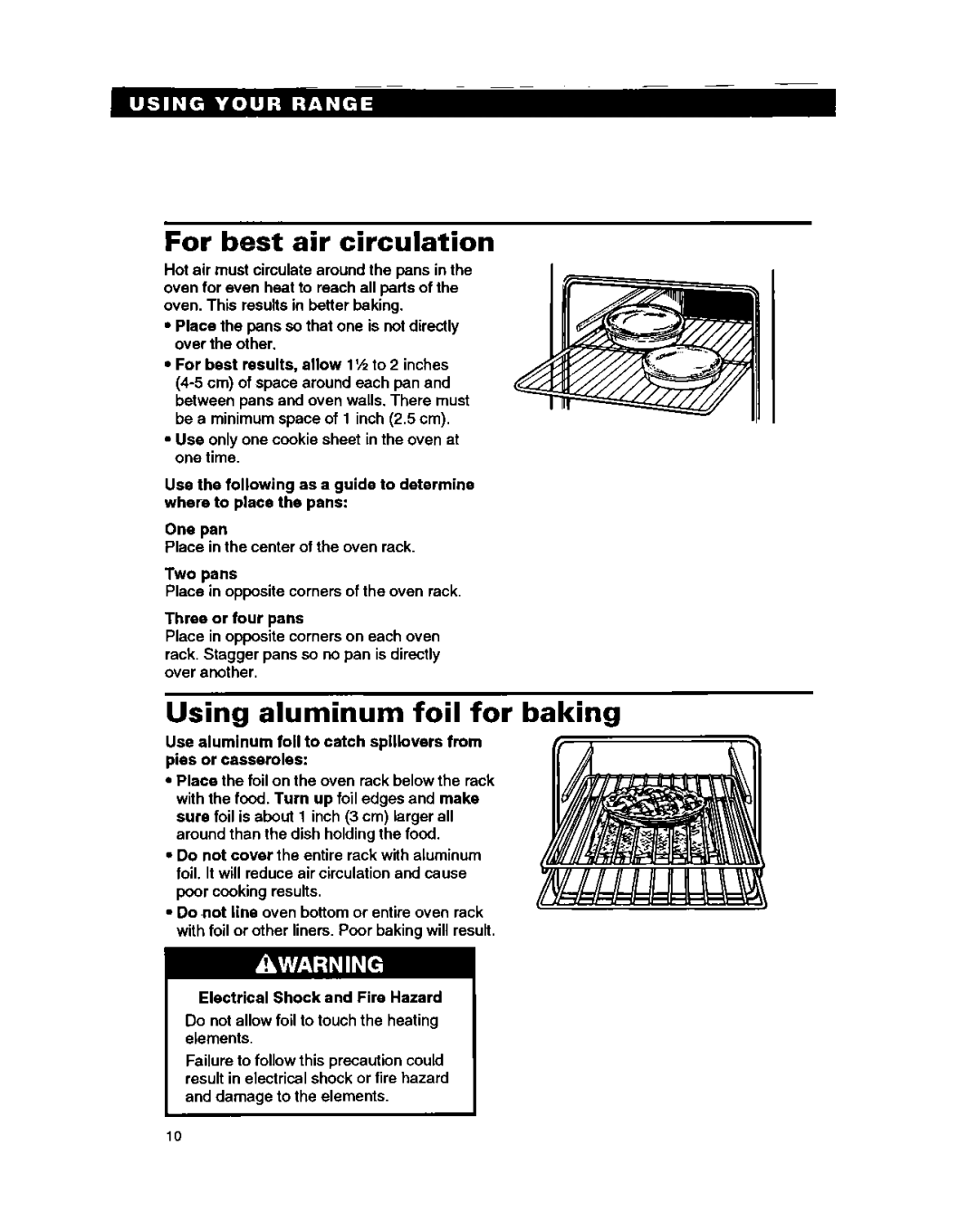 Whirlpool RF385PXY5 warranty For best air circulation, Using aluminum foil for baking, Two pans, Three or four pans 