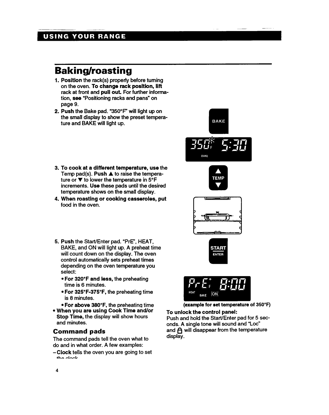 Whirlpool RF385PXY5 warranty Baking/roasting, Example for set temperature of 350F 