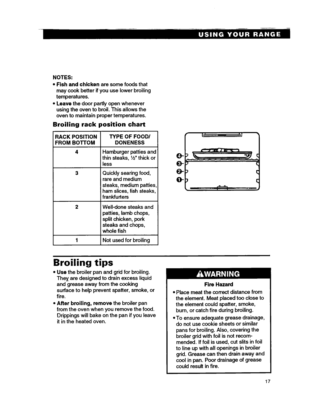 Whirlpool RF385PXY5 Broiling tips, Broiling rack position chart, Rack Position Type of FOOD/ Doneness, After Broiling 