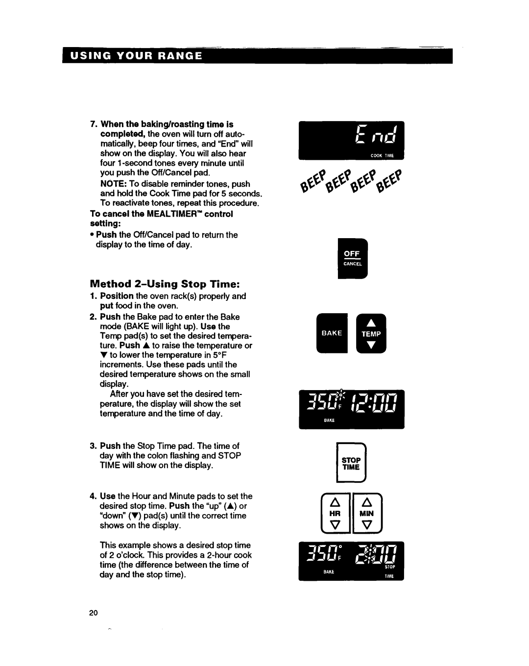 Whirlpool RF385PXY5 warranty Method Z-Using Stop Time, To cancel the MEALTIMER’ control setting 