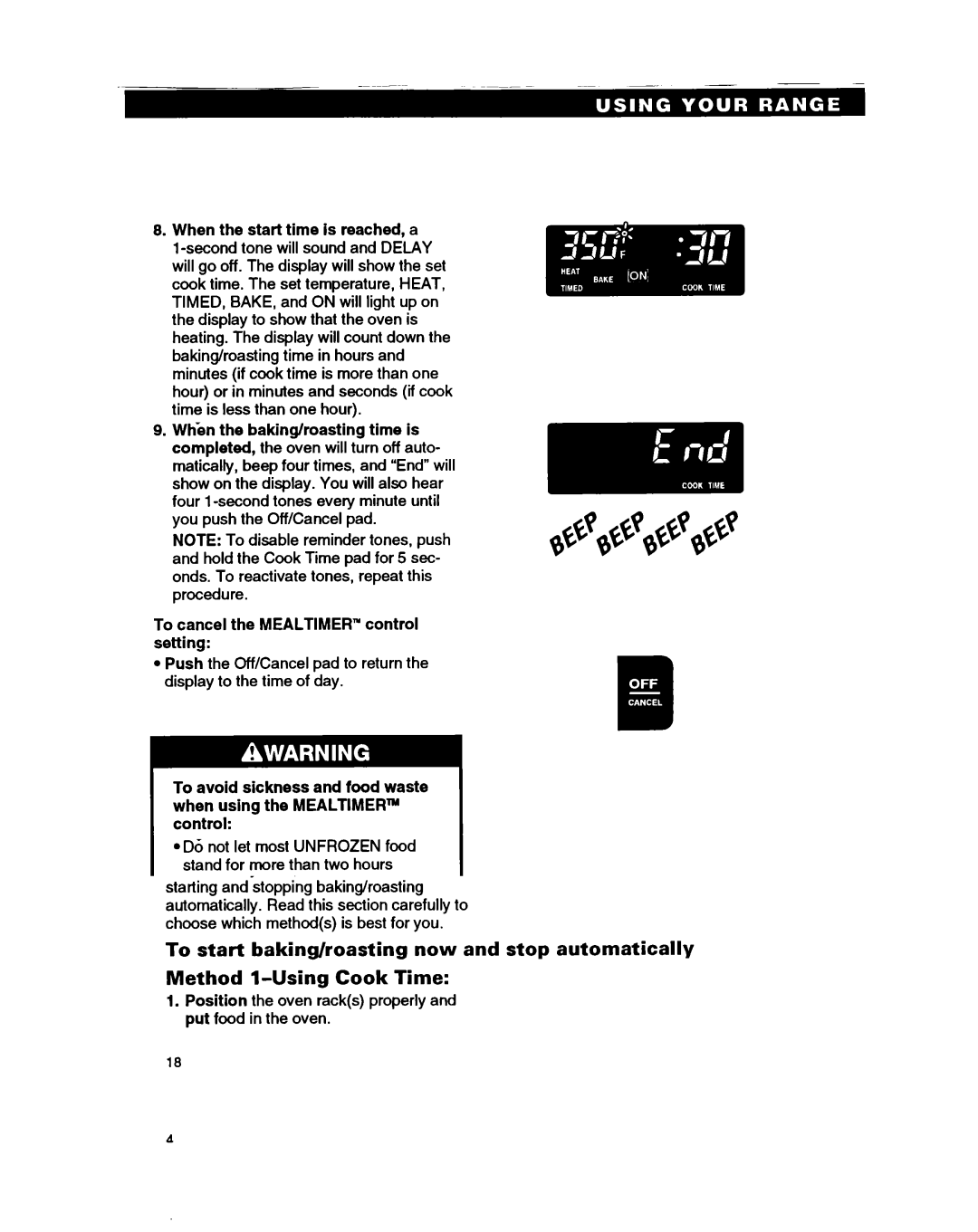 Whirlpool RF385PXY5 warranty To cancel the Mealtimer control setting 