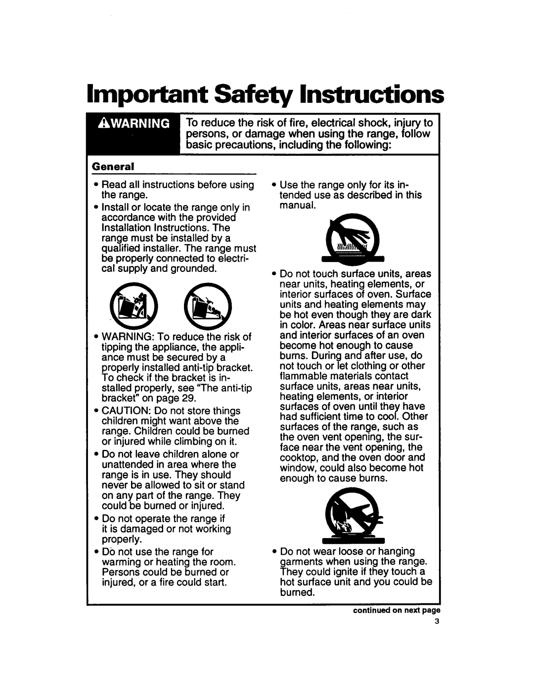 Whirlpool RF385PXY5 warranty Important Safety Instructions 