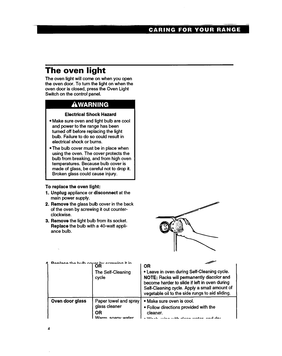 Whirlpool RF385PXY5 warranty Oven light, Electrical Shock Hazard, To replace the oven light 