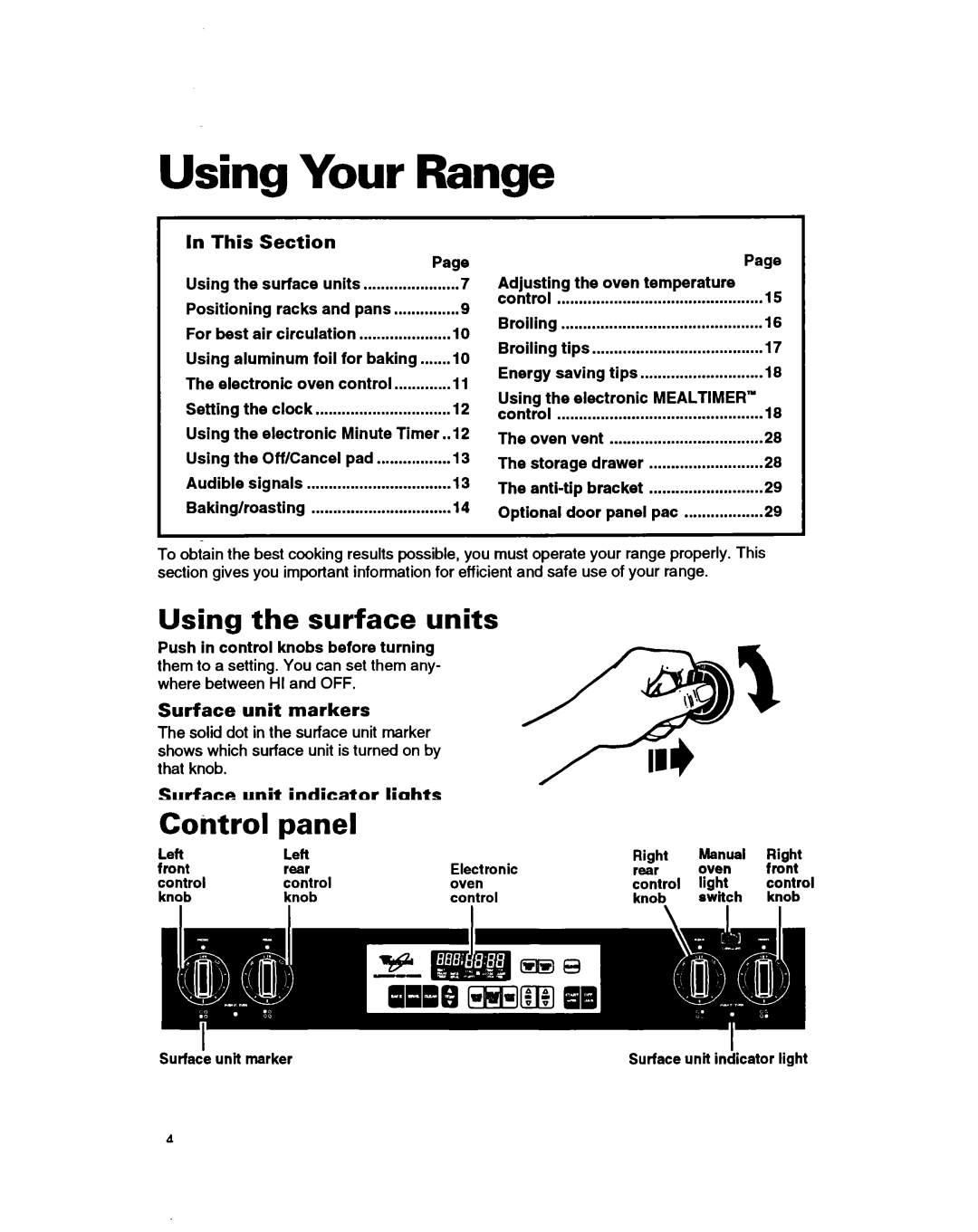 Whirlpool RF385PXY5 warranty Using Your Range, Using the surface units, This Section, Surface unit markers 