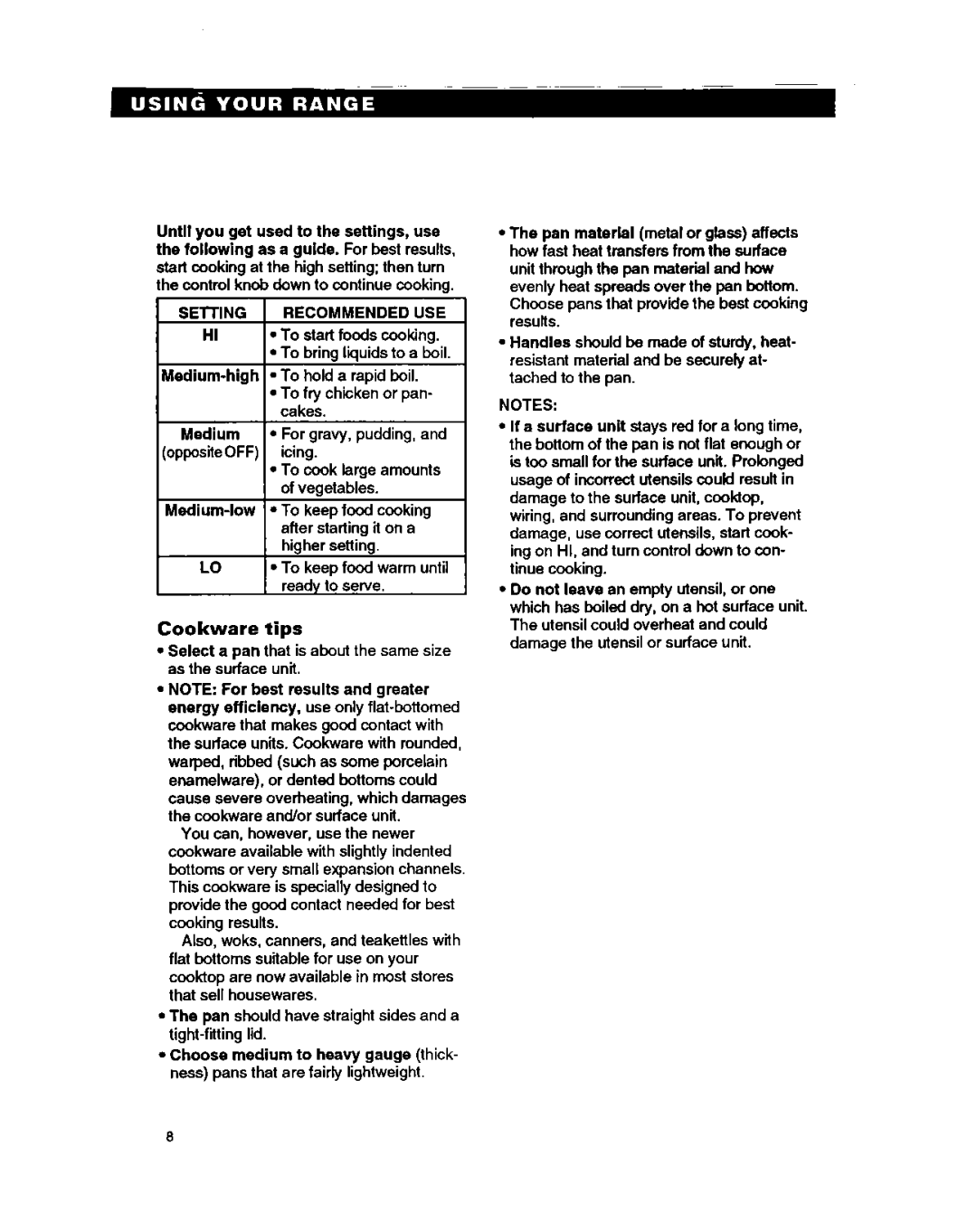 Whirlpool RF385PXY5 warranty Cookware tips, SElTlNG Medium-high, Medium-low, Recommended USE 