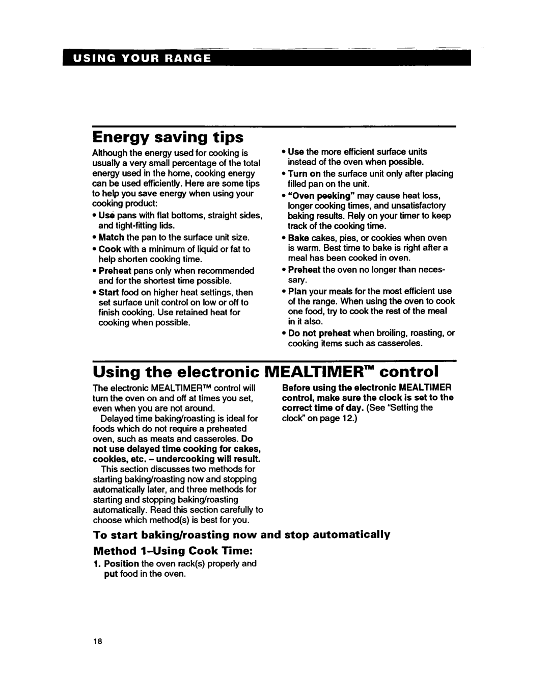 Whirlpool RF385PXY5 warranty Energy saving tips, Using the electronic MEALTIMER” control, Method l-UsingCook Time 