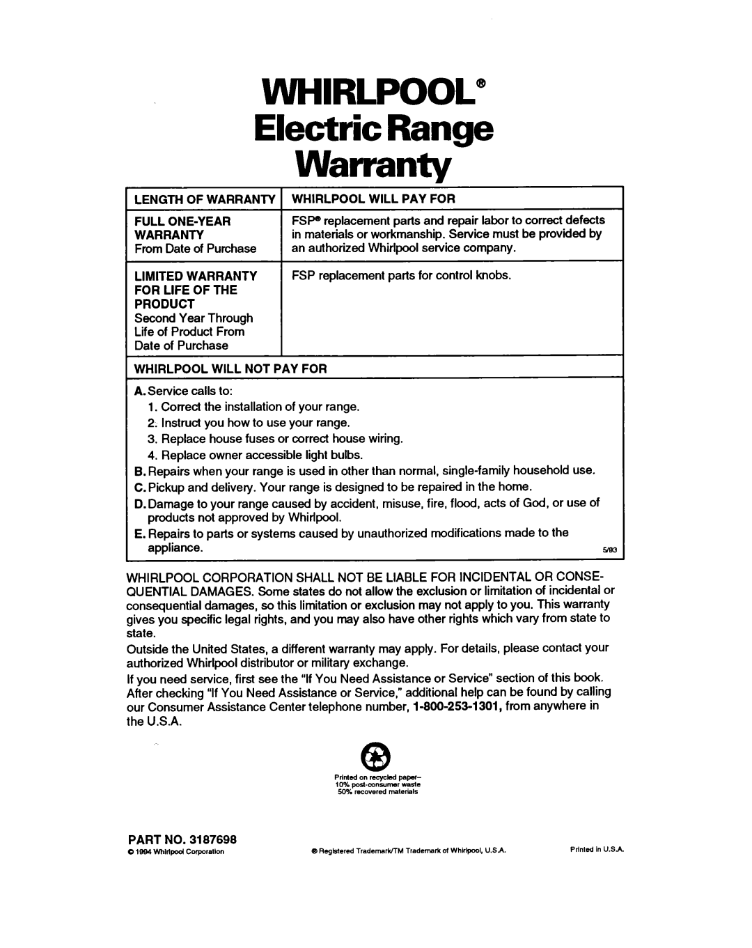 Whirlpool RF385PXY5 warranty WHIRLPOOL” Electric Range Warranty 