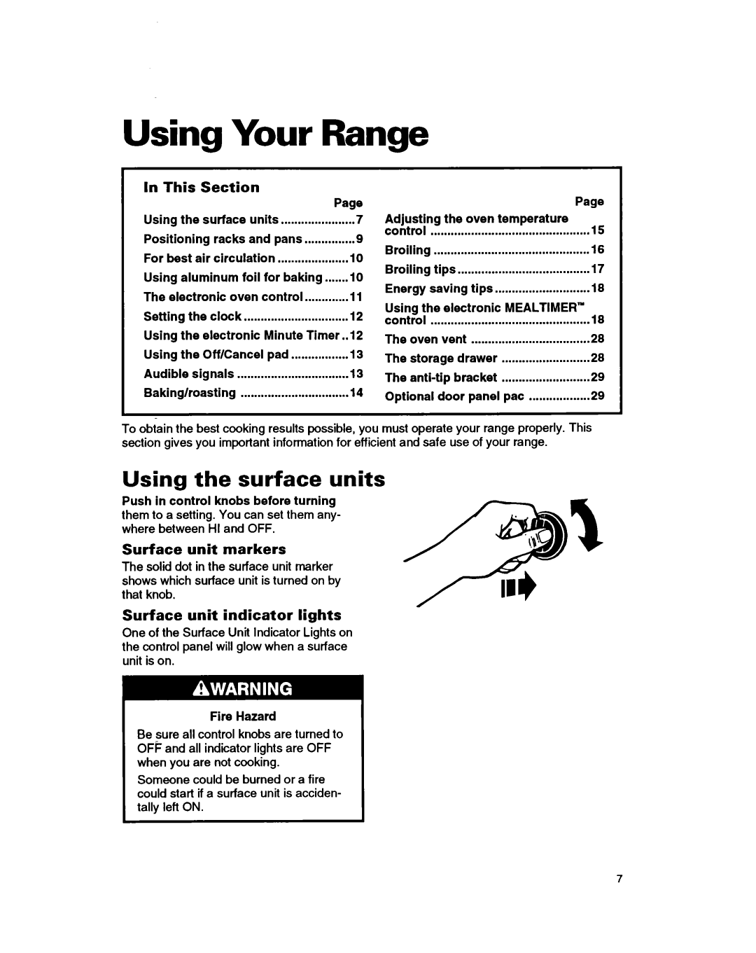 Whirlpool RF385PXY5 warranty Using Your Range, Using the surface units 