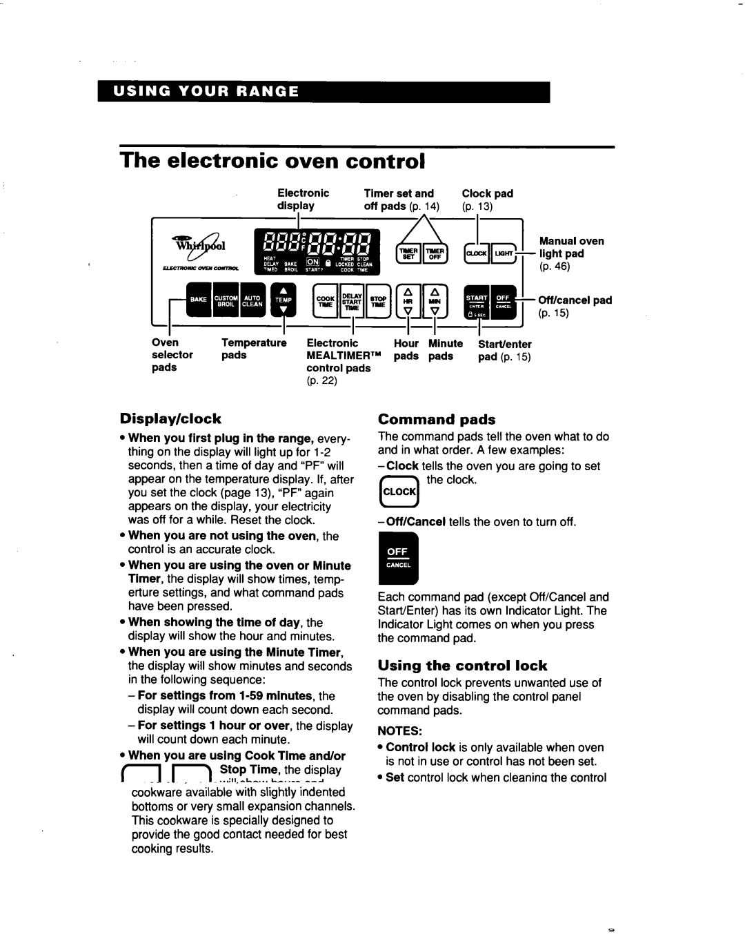 Whirlpool RF386PXD warranty Electronic oven control, Display/clock, Command pads, Using the control lock, Cid 