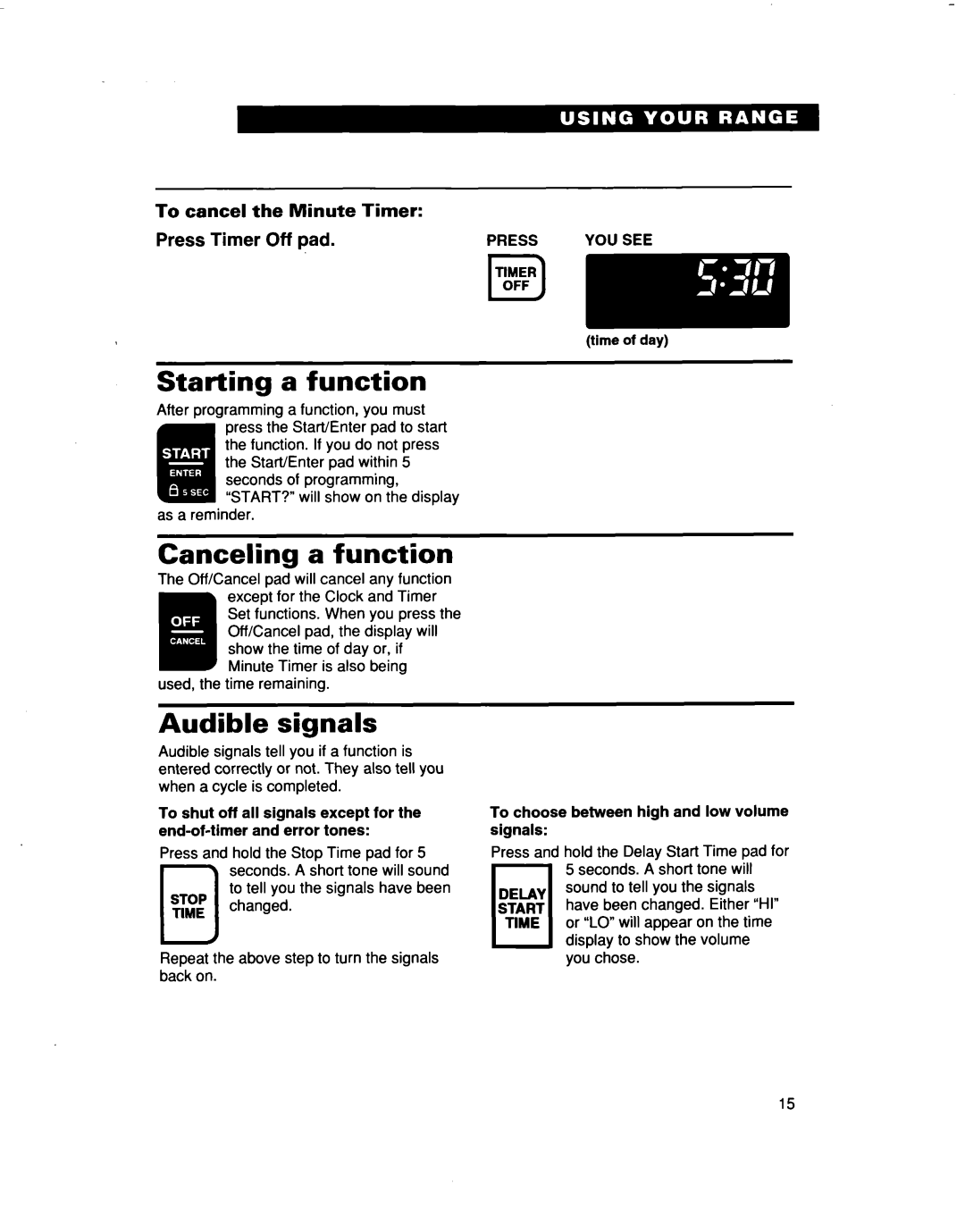 Whirlpool RF386PXD warranty Starting a function, Canceling a function, Audible signals, Time 