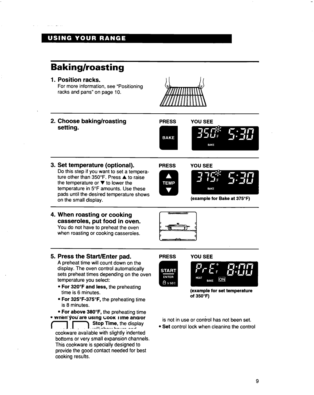 Whirlpool RF386PXD warranty Baking/roasting, Position Racks, Set temperature Optional, Press the Start/Enter pad 