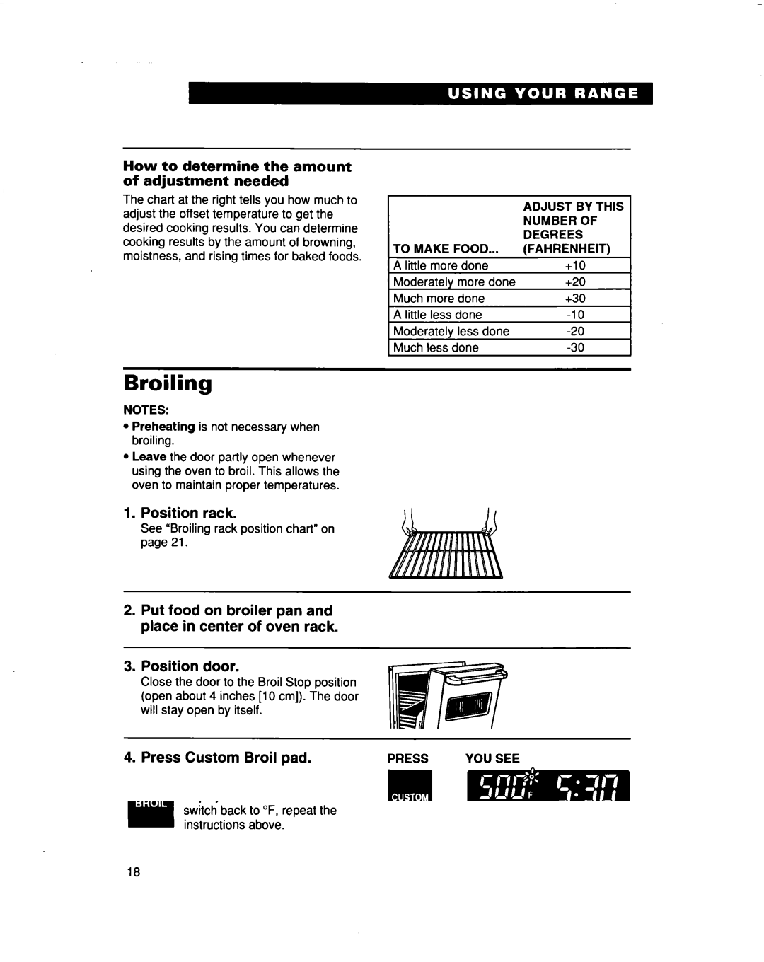 Whirlpool RF386PXD warranty Broiling, How to determine the amount Adjustment needed, Position rack, Press Custom Broil pad 