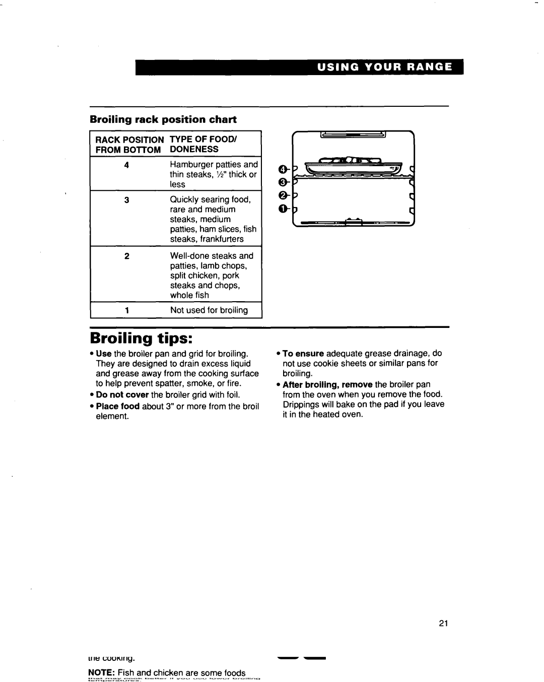 Whirlpool RF386PXD warranty Broiling tips, Broiling rack position chart, Rack Position Type of Foodi 