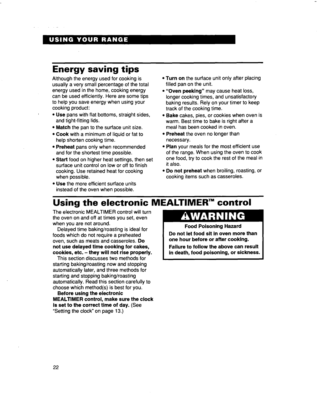 Whirlpool RF386PXD warranty Energy saving tips, Using the electronic Mealtimer control 