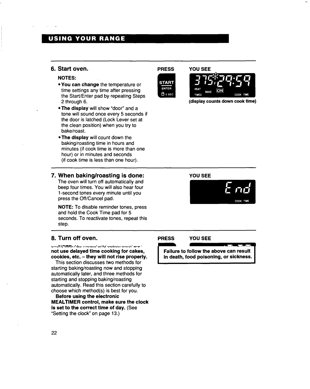 Whirlpool RF386PXD warranty When baking/roasting Is done, Turn off oven, Method 2-Using Stop Time Prepare oven 