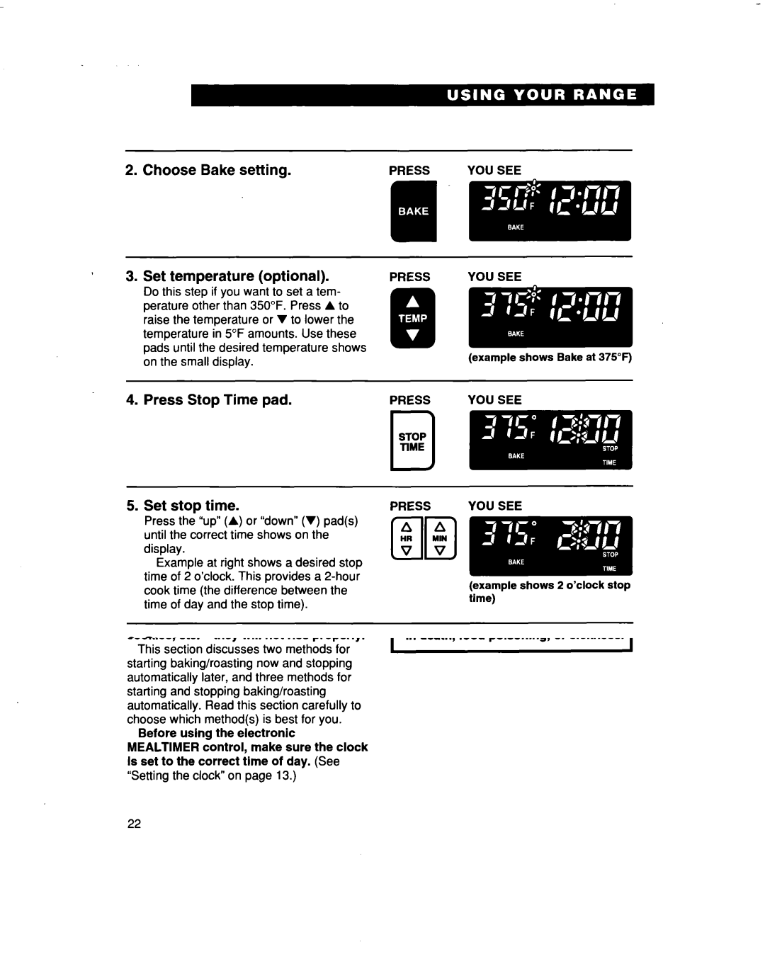 Whirlpool RF386PXD warranty Choose Bake setting, Press Stop Time pad, Set stop time, Pressstyou see 