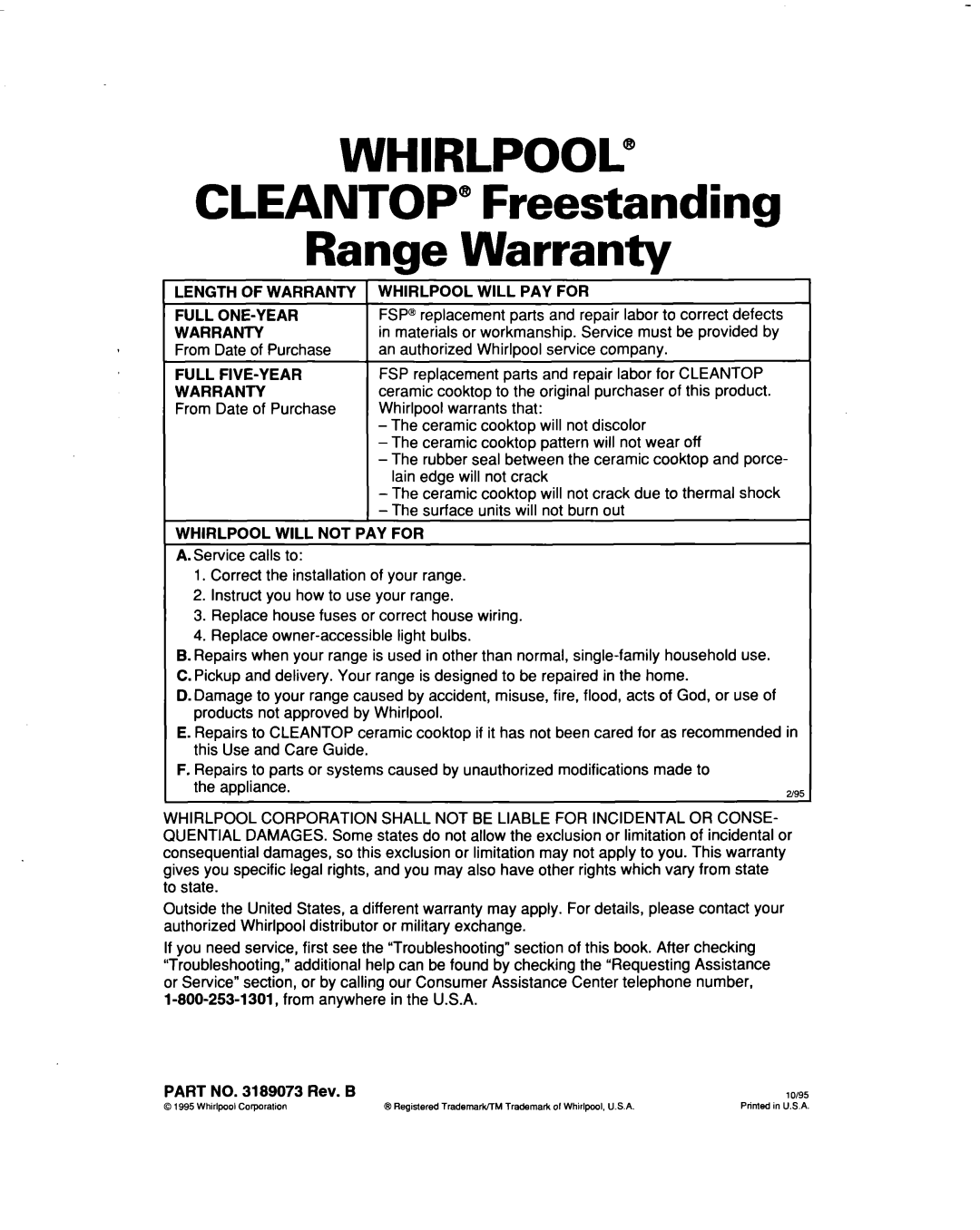 Whirlpool RF386PXD warranty Cleantop Freestanding Range Warranty, Length of Warranty, Whirlpool will PAY for 