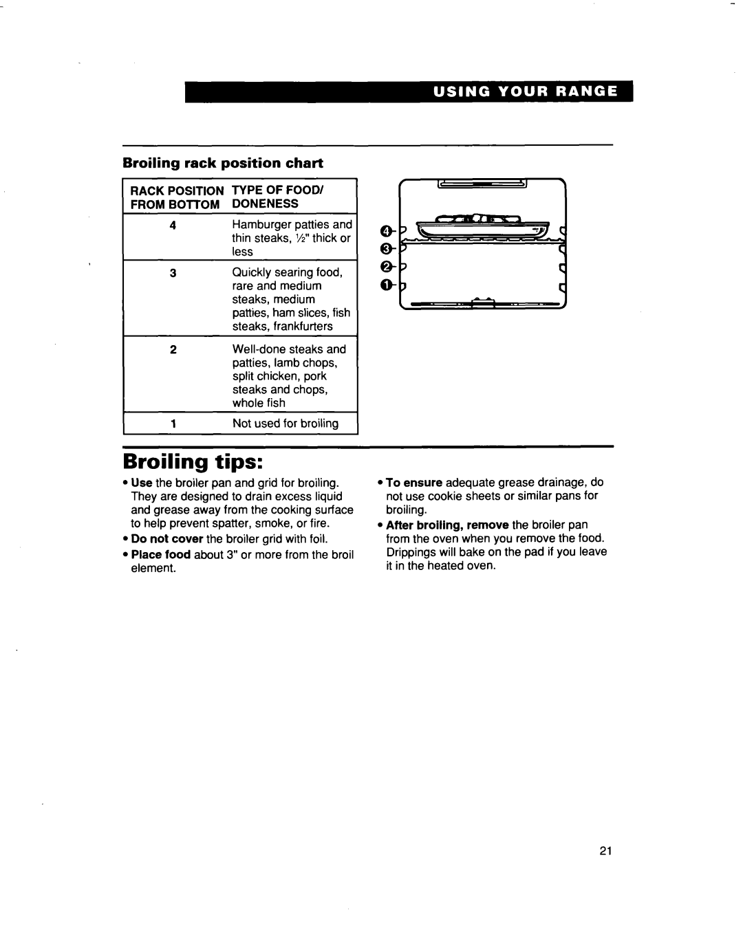 Whirlpool RF386PXD warranty Broiling tips, Broiling rack position chart 