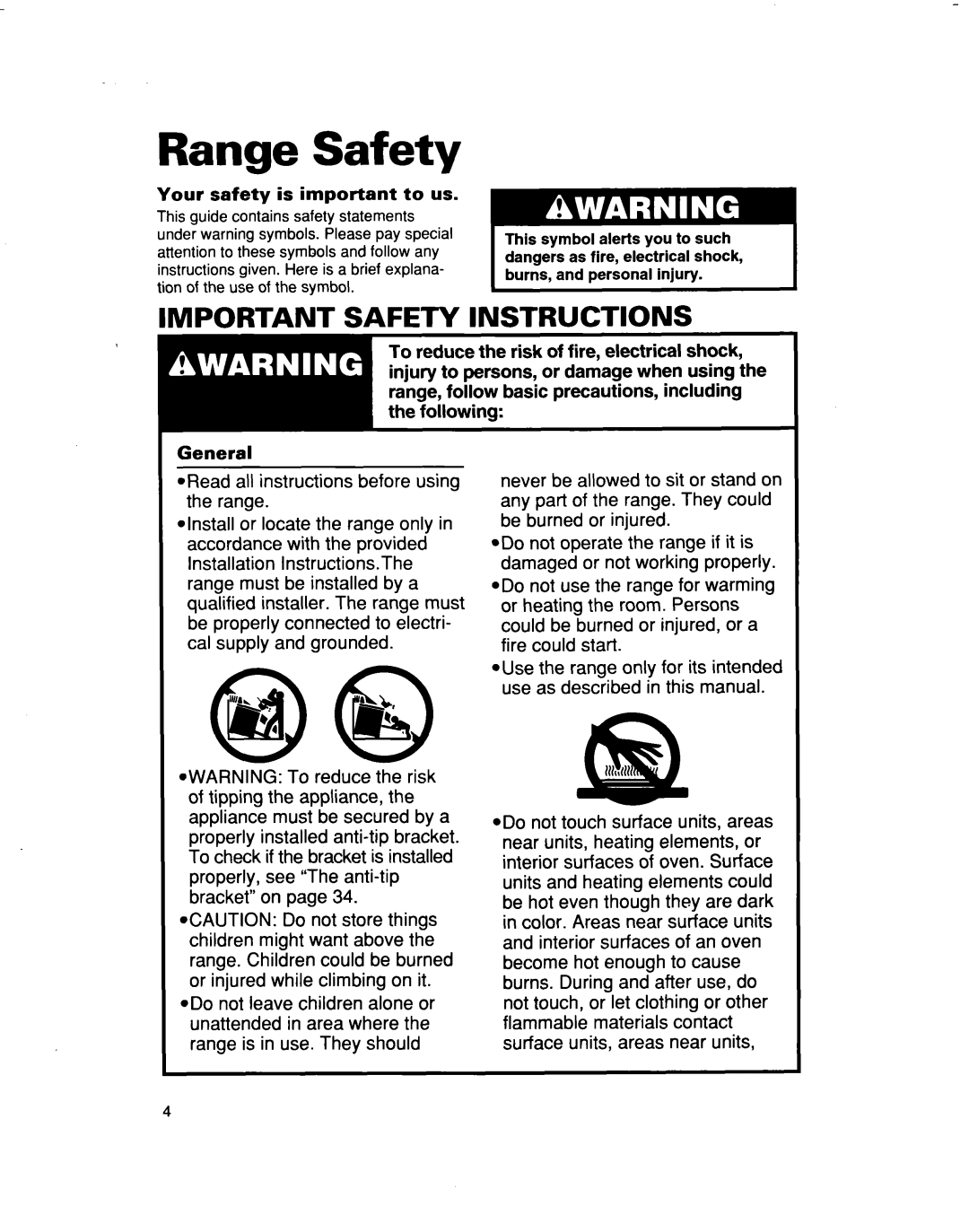 Whirlpool RF386PXD warranty Range Safety, Important Safety Instructions 