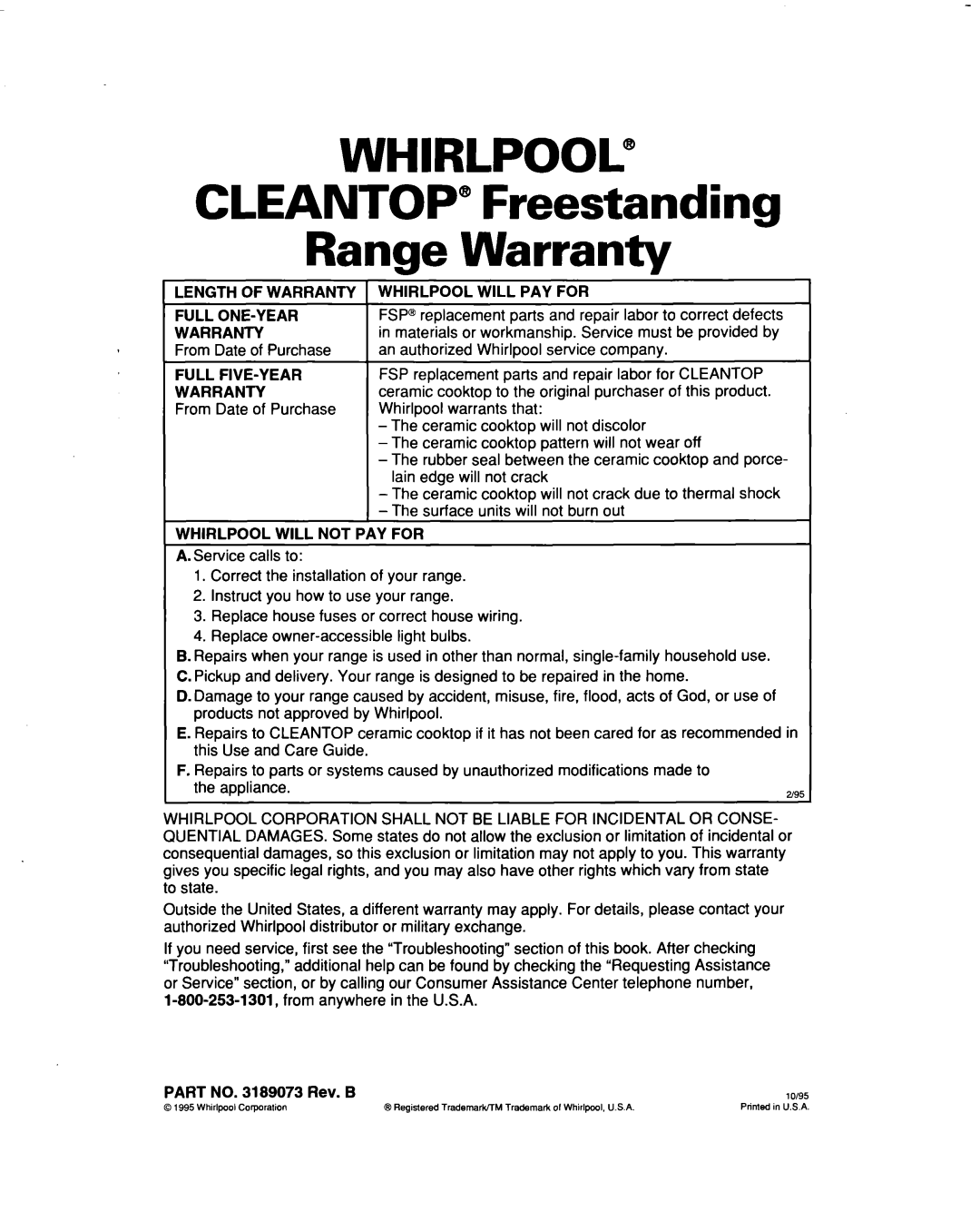 Whirlpool RF386PXD warranty WHIRLPOOL@ CLEANTOP” Freestanding Range Warranty 
