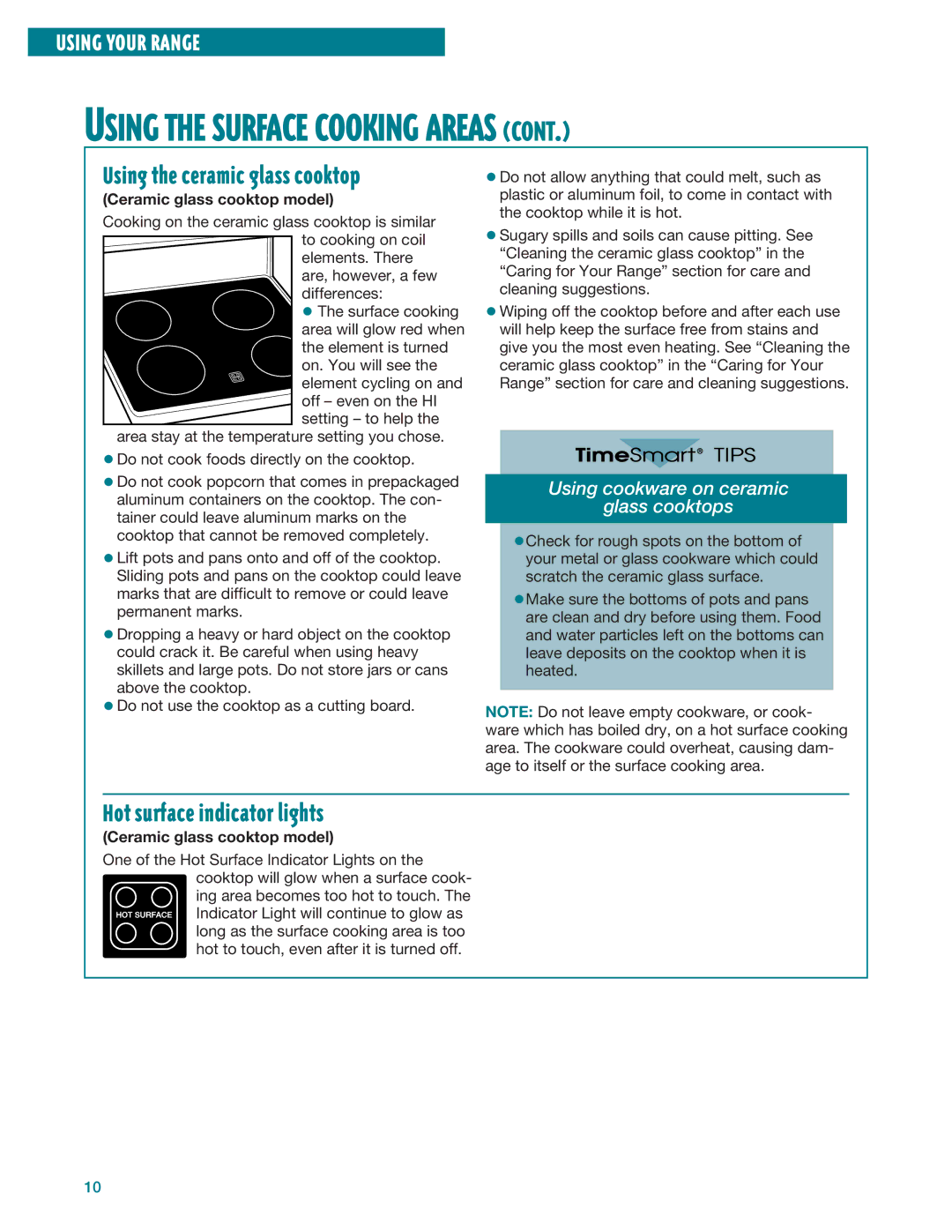Whirlpool RF386PXE Hot surface indicator lights, Using cookware on ceramic Glass cooktops, Ceramic glass cooktop model 