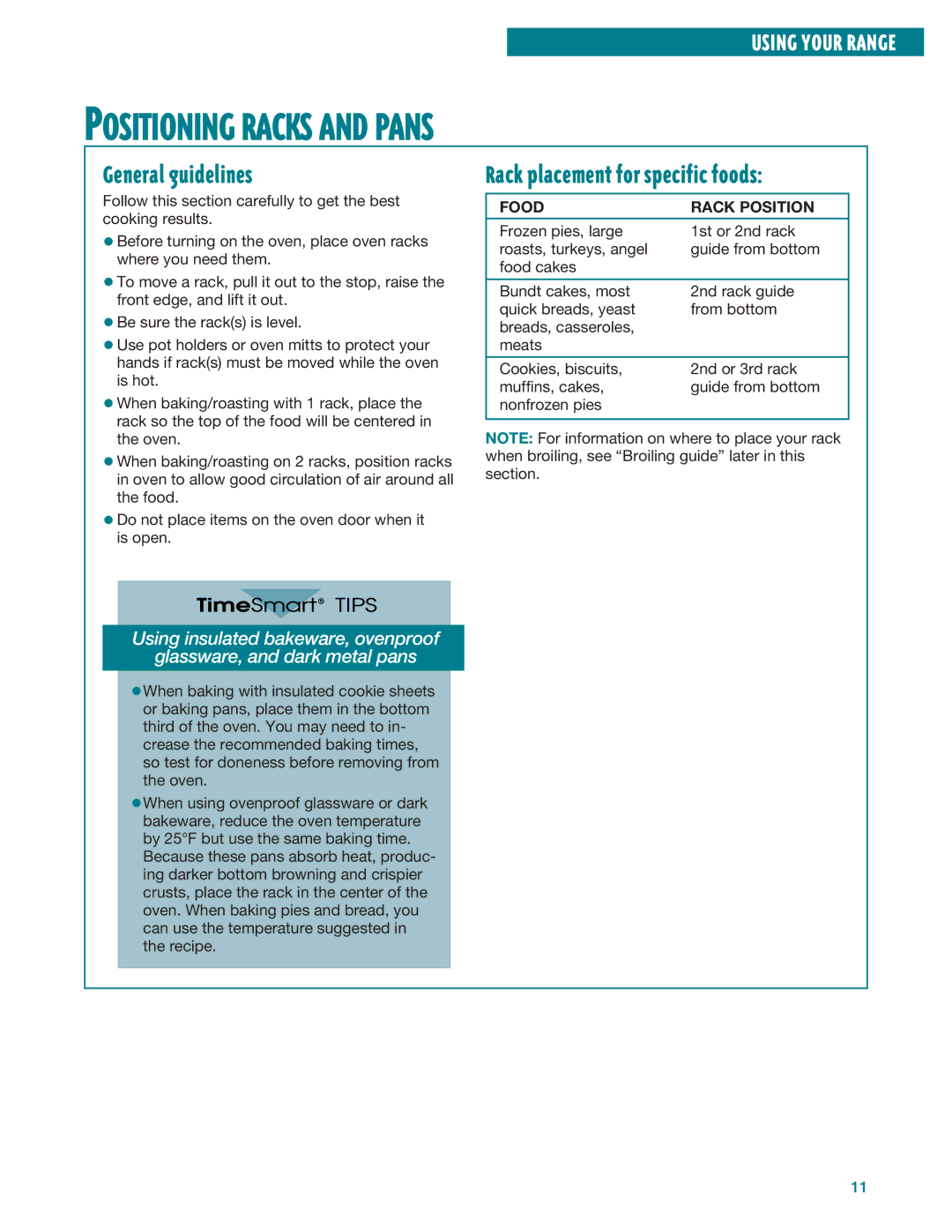 Whirlpool RF385PXE Positioning Racks and Pans, General guidelines, Rack placement for specific foods, Food Rack Position 