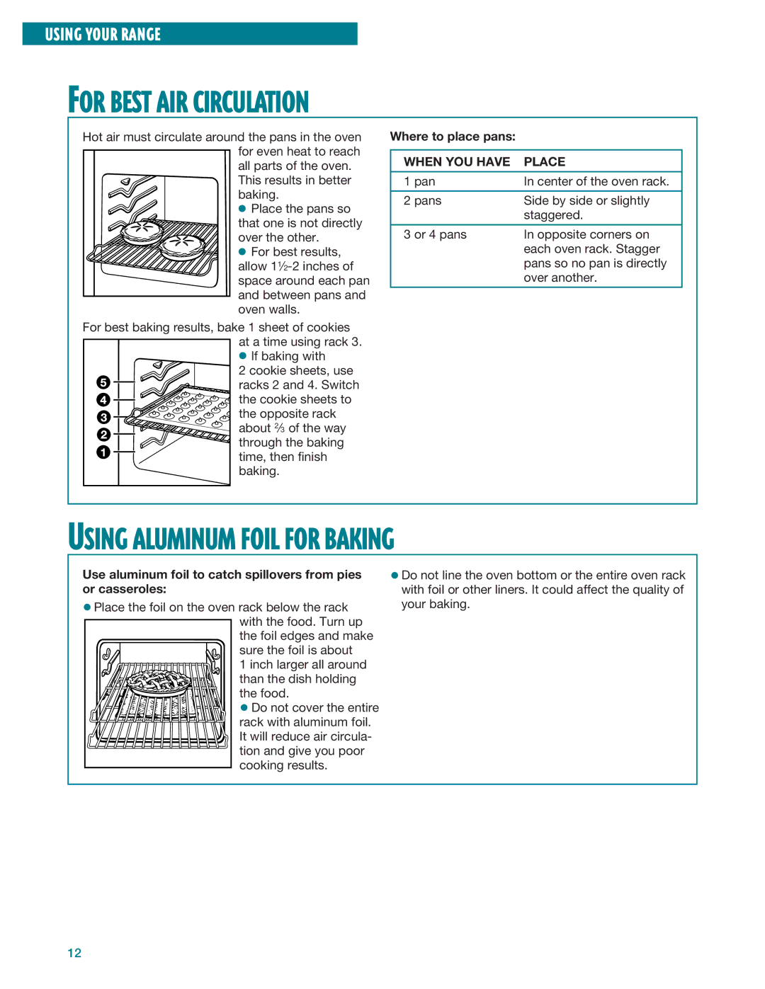 Whirlpool RF386PXE For Best AIR Circulation, Using Aluminum Foil for Baking, Where to place pans, When YOU have Place 