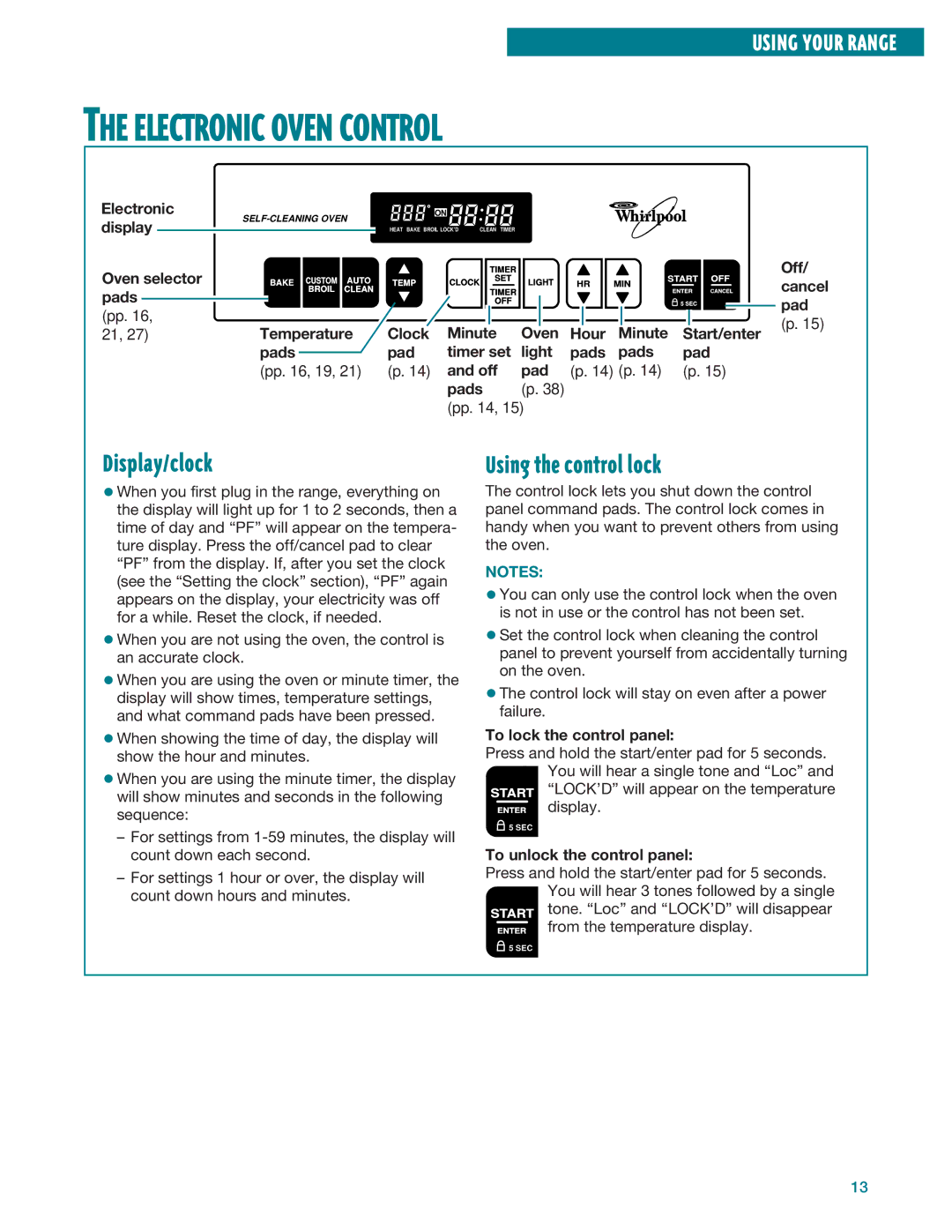 Whirlpool RF385PXE, RF386PXE manual Electronic Oven Control, Display/clock, Using the control lock 