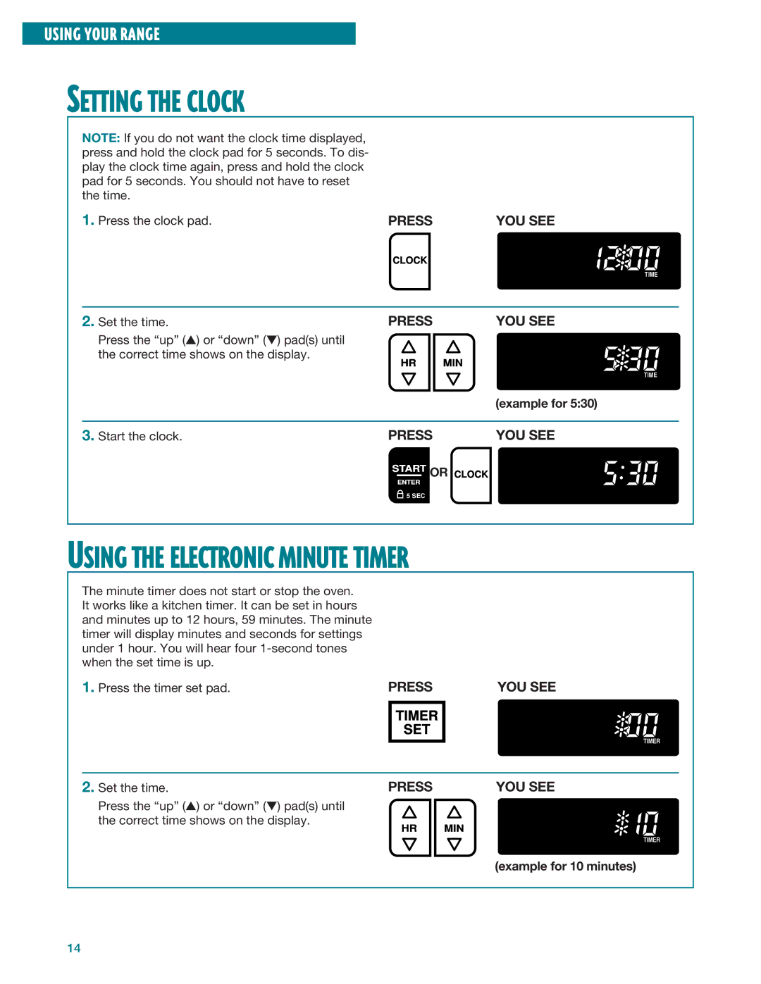 Whirlpool RF386PXE, RF385PXE manual Setting the Clock, Press the clock pad, Example for 10 minutes 