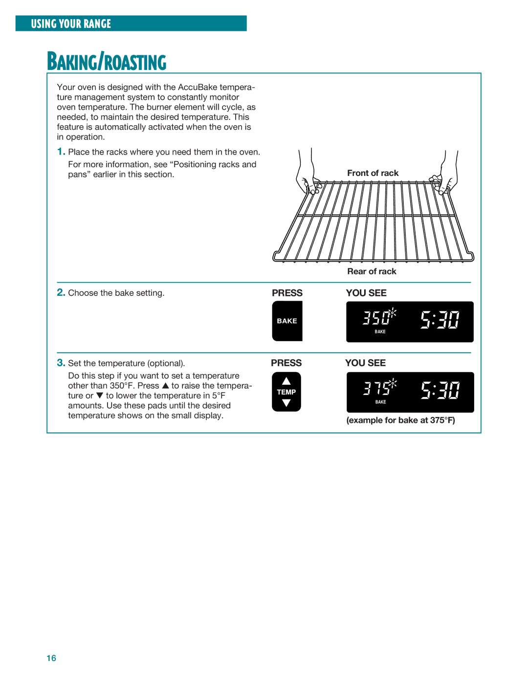 Whirlpool RF386PXE, RF385PXE manual Baking/Roasting, Example for bake at 375F 