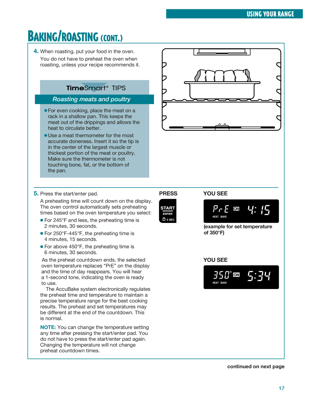 Whirlpool RF385PXE, RF386PXE manual Roasting meats and poultry, Example for set temperature of 350F 