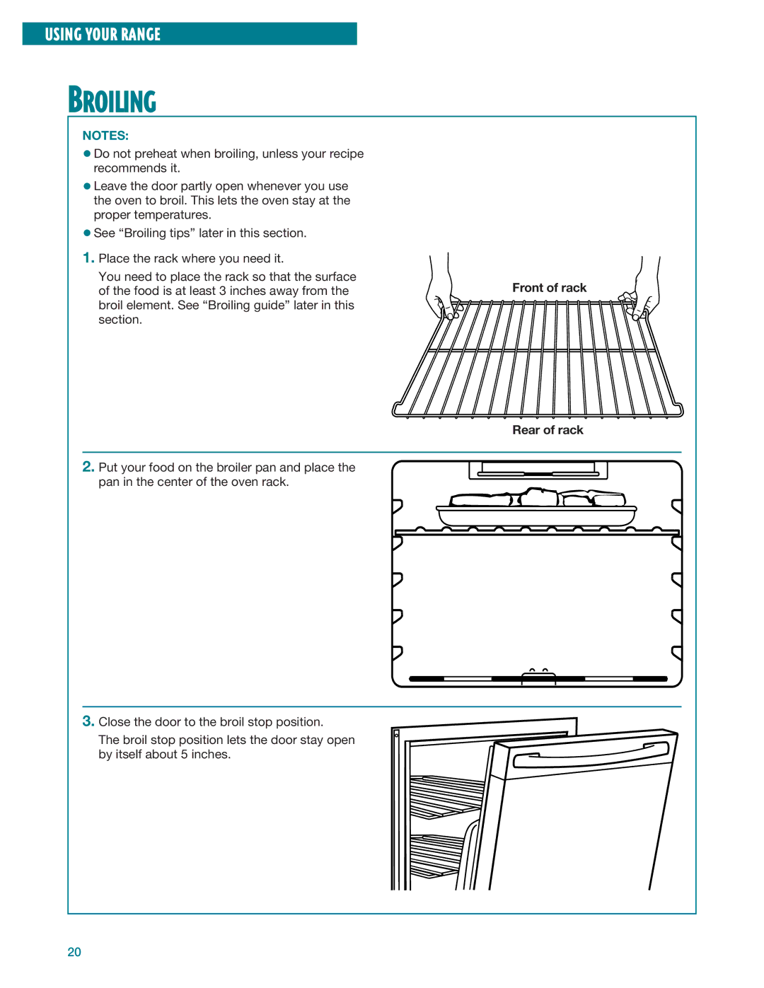 Whirlpool RF386PXE, RF385PXE manual Broiling, Front of rack Rear of rack 