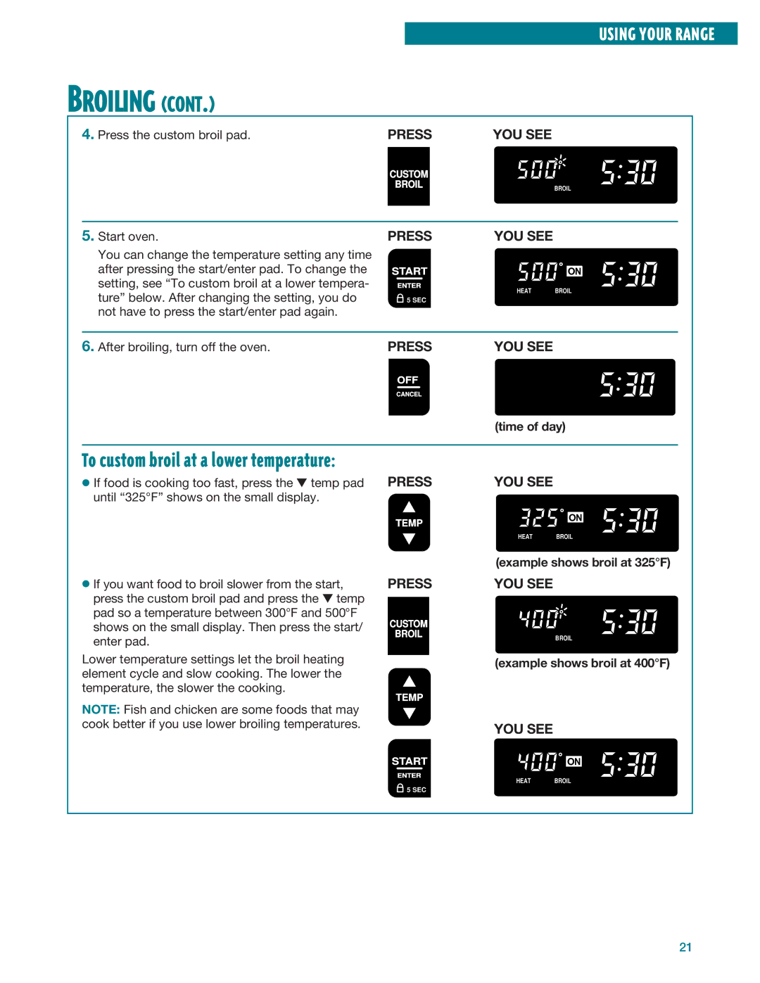 Whirlpool RF385PXE, RF386PXE manual Example shows broil at 325F, Example shows broil at 400F 