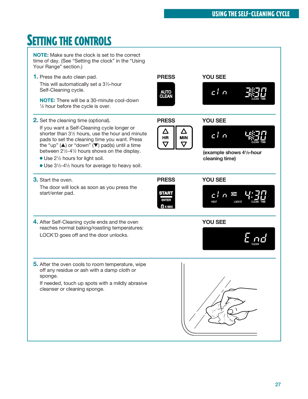 Whirlpool RF385PXE, RF386PXE manual Setting the Controls, Example shows 41⁄2-hour cleaning time 