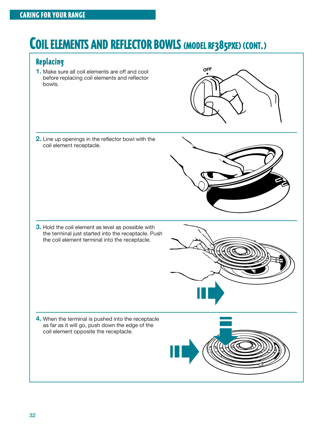 Whirlpool RF386PXE manual Coil Elements and Reflector Bowls Model RF385PXE, Replacing 