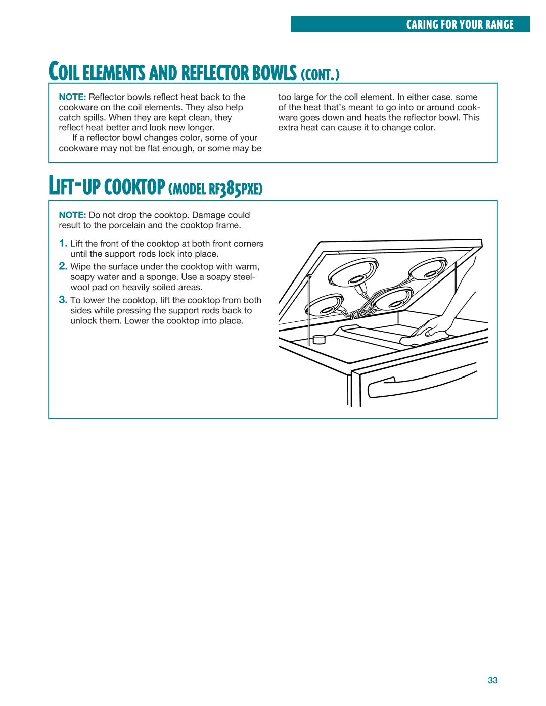 Whirlpool RF386PXE manual LIFT-UP Cooktop Model RF385PXE, Coil Elements and Reflector Bowls 