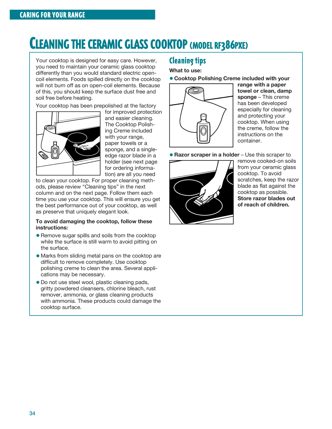 Whirlpool RF386PXE, RF385PXE manual Cleaning tips, To avoid damaging the cooktop, follow these instructions 