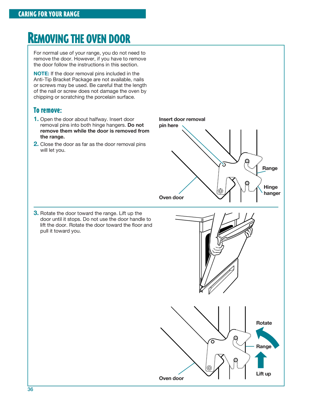 Whirlpool RF386PXE, RF385PXE manual Removing the Oven Door, To remove 