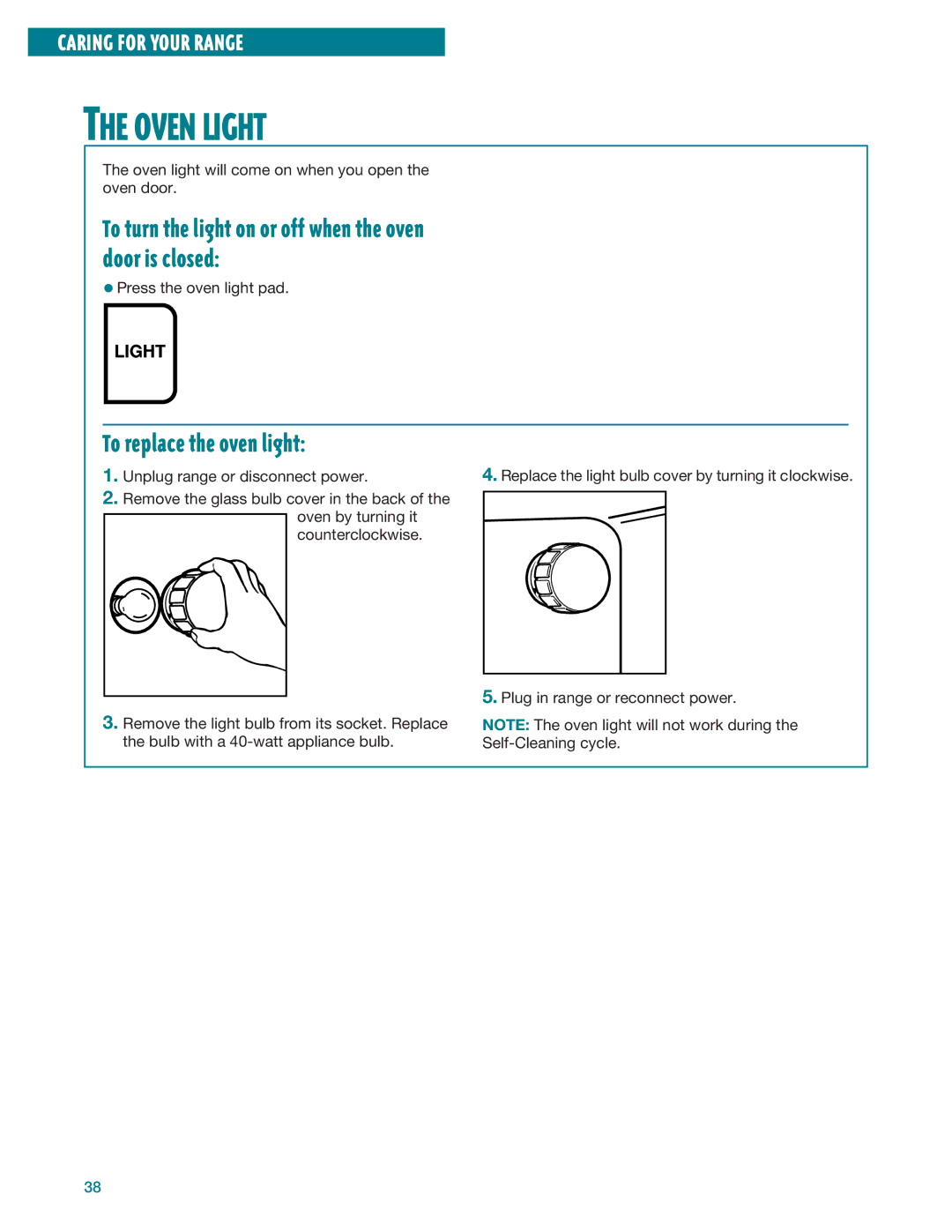 Whirlpool RF386PXE, RF385PXE manual Oven Light, To replace the oven light 