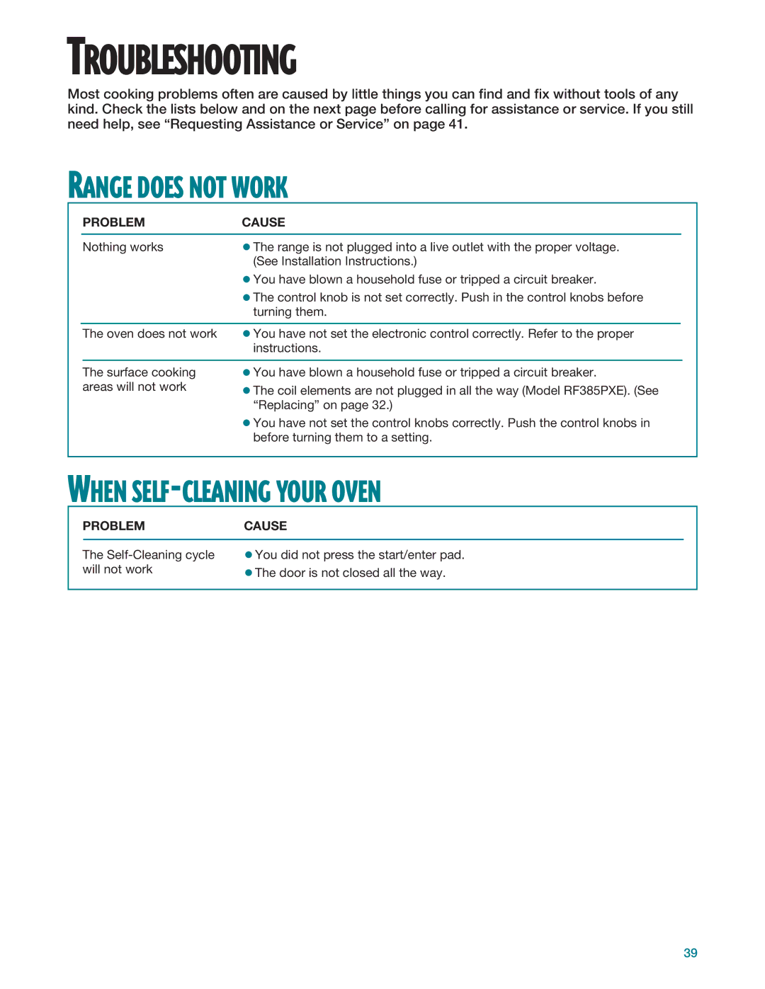 Whirlpool RF385PXE, RF386PXE manual Troubleshooting, Range does not Work, When SELF-CLEANING Your Oven, Problem Cause 