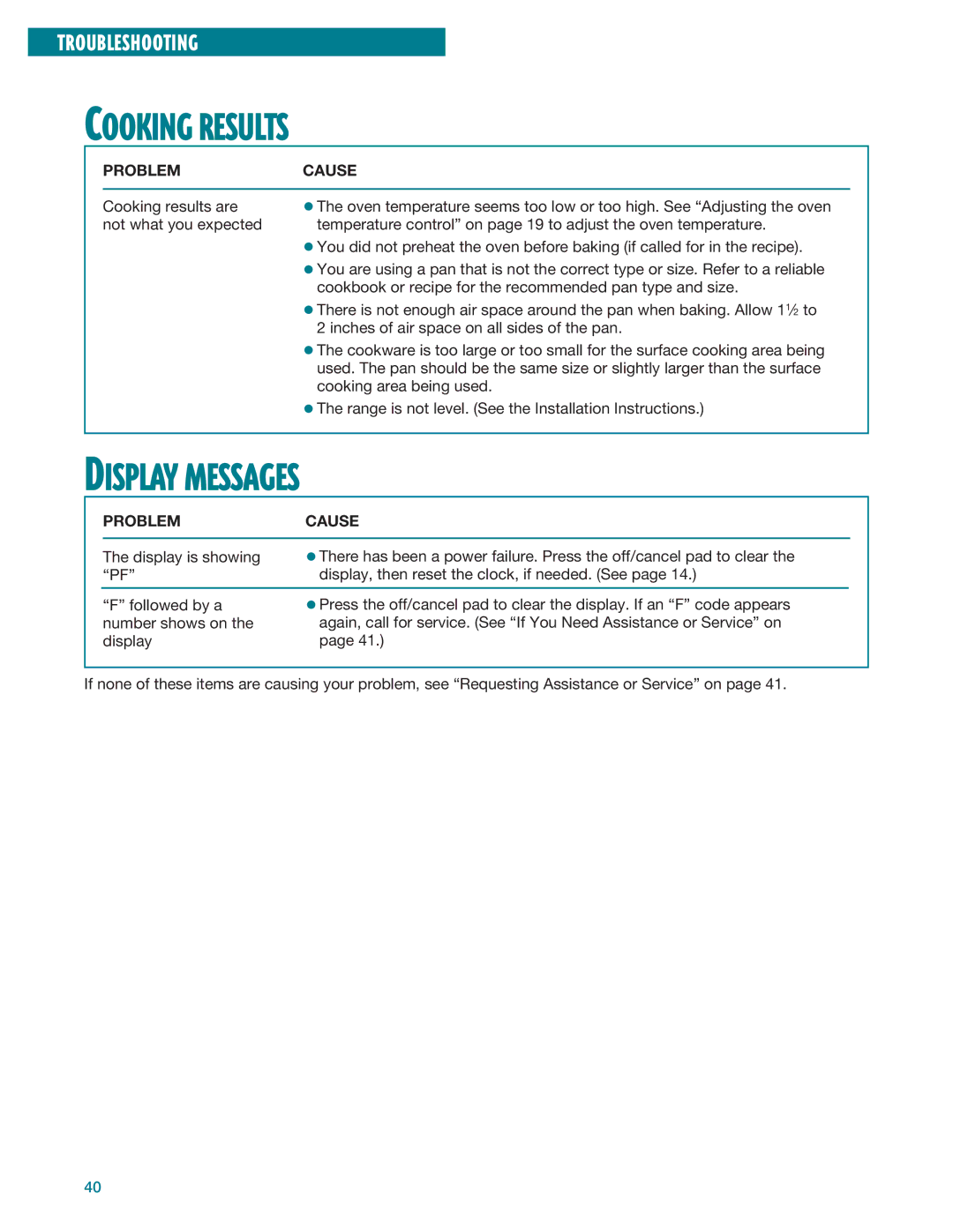 Whirlpool RF386PXE, RF385PXE manual Cooking Results, Display Messages 