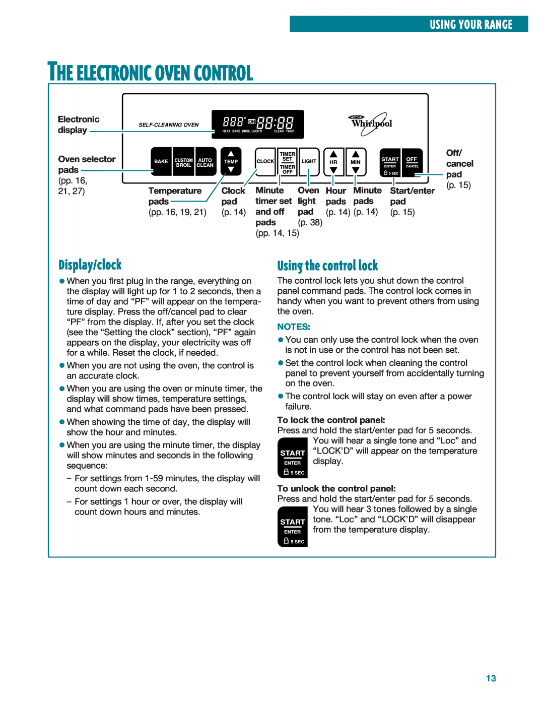 Whirlpool RF385PXE, RF386PXE The Electronic Oven Control, Display/clock, Using the control lock, Using Your Range, p. 14 p 