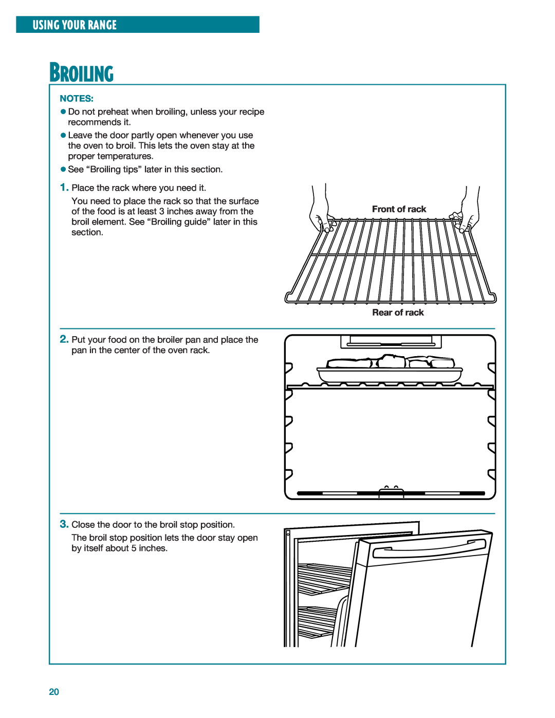Whirlpool RF386PXE, RF385PXE manual Broiling, Using Your Range, Front of rack Rear of rack 