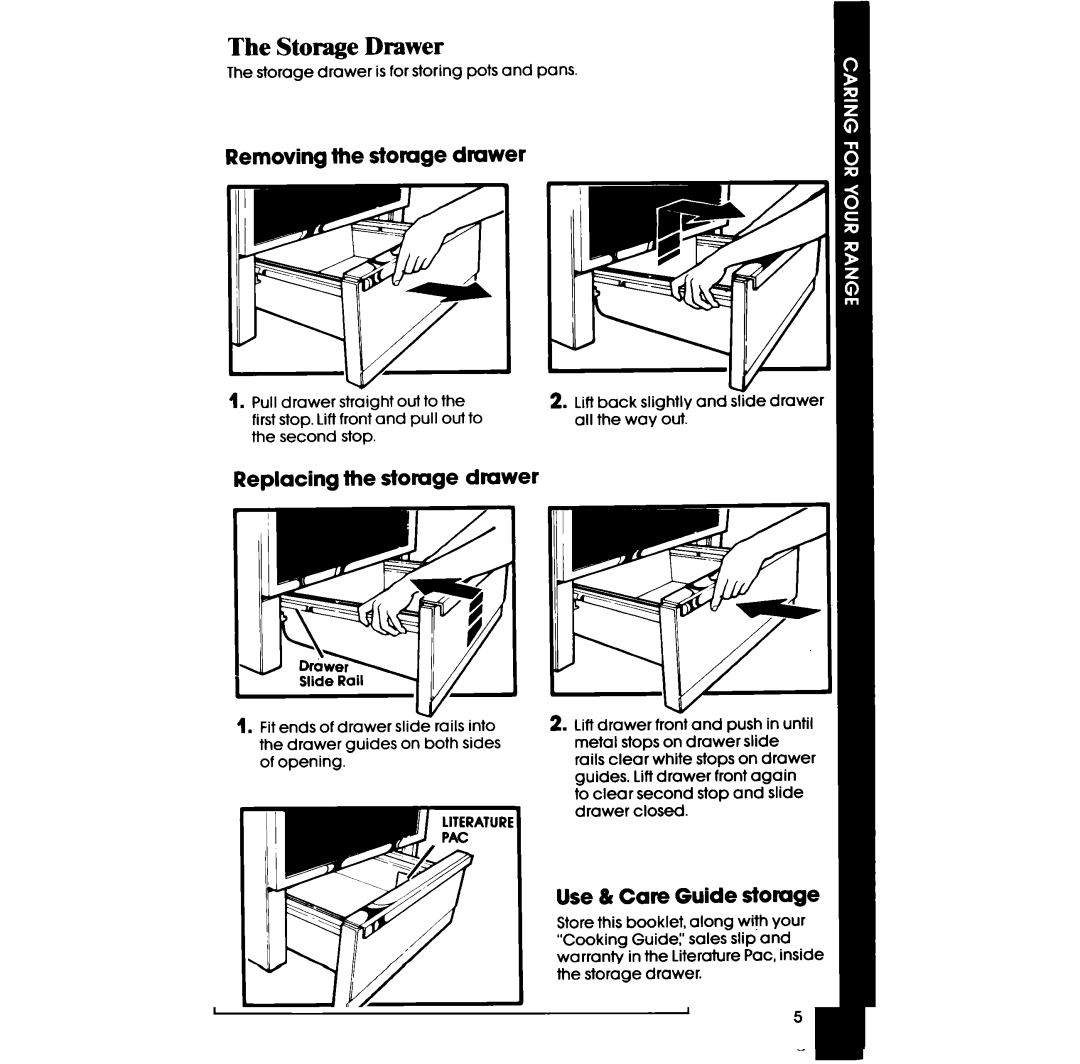 Whirlpool RF3870PXP Storage Drawer, Removing the stomge drawer, Replacing the storage drawer, Use & Care Guide storage 