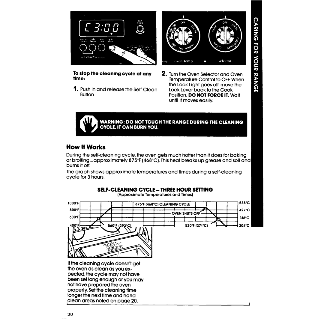 Whirlpool RF3870PXP manual How It Works, To stop the cleaning, Time, SELF-CLEANING CYCLE-THREE Hour SEllING 