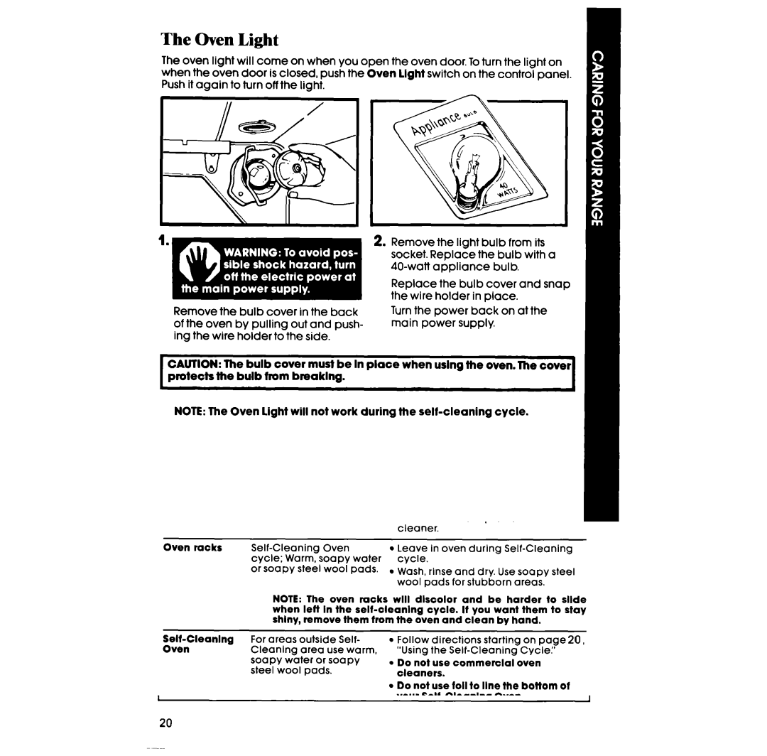 Whirlpool RF3870PXP manual Oven Light 