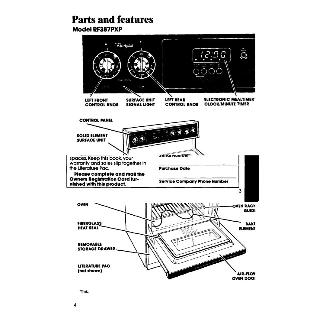 Whirlpool RF3870PXP manual Parts and features, Model RF387PXP 