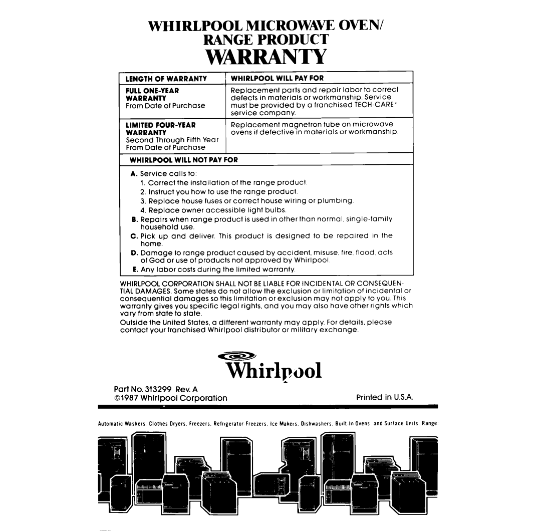Whirlpool RF3870PXP manual W-T-Y, Whirlpool Microwave Oven Range Product 