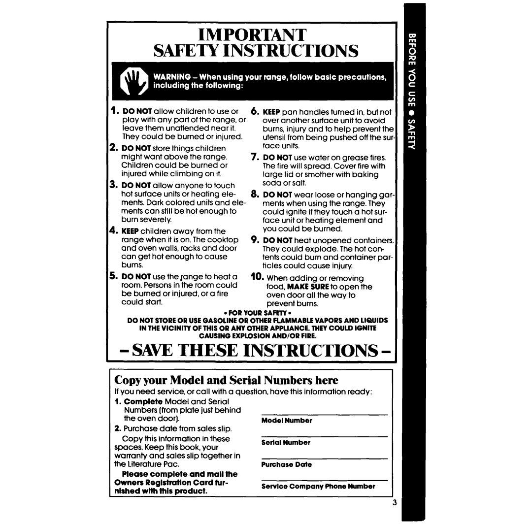Whirlpool RF3870PXP manual Safety Instructions, Saw These Instructions, Copy your Model and Serial Numbers here 